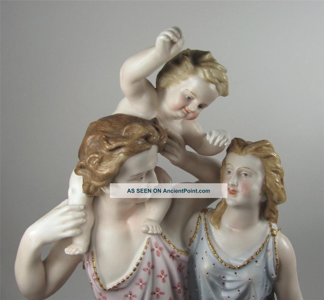 Vintage Bisque Figural Group Biscuit Porcelain Man Woman & Child Figurine Figure Figurines photo