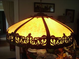 Exquisite Vintage Lampshade Art Deco Curved Glass W/ Ornate Metalwork photo
