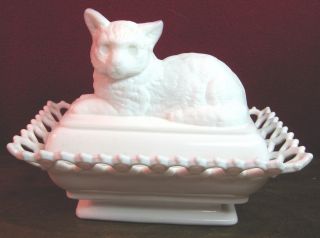 Antique Victorian Lacy Milk Glass Cat Dish Dated 1889 Atterbury ? Fabulous photo