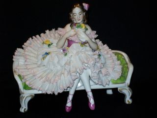 Antique Volkstedt German Porcelain Dresden Lace Seated Ballerina Dancer Figurine photo