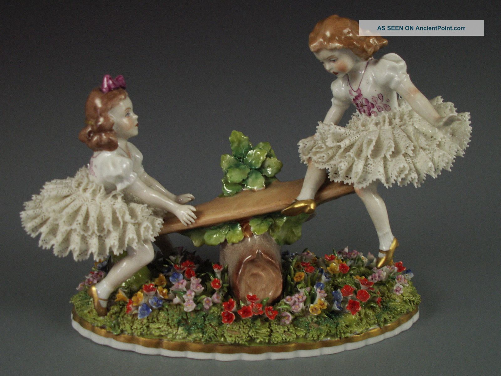 Antique German Sitzendorf Dresden Lace & Flowers Girls On A Seesaw Figurine Figurines photo