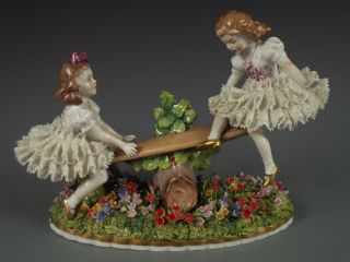 Antique German Sitzendorf Dresden Lace & Flowers Girls On A Seesaw Figurine photo