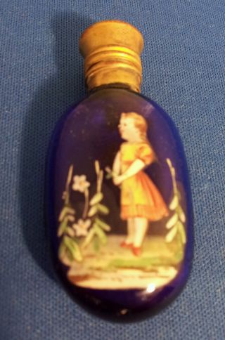 Antique Oval Hand Painted Mary Gregory Style Cobalt Glass Perfume / Scent Bottle photo