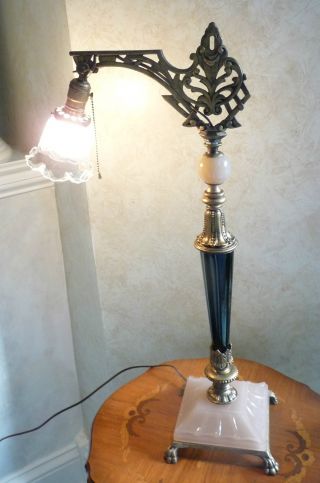 Art Deco Houze ' Coralex ' & Black Slag Glass Bridge Table Lamp - Molded Glass Shade photo