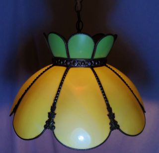 Vintage Green Slag Glass Lamp Light Hanging Antique Stained Chandelier Leaded photo