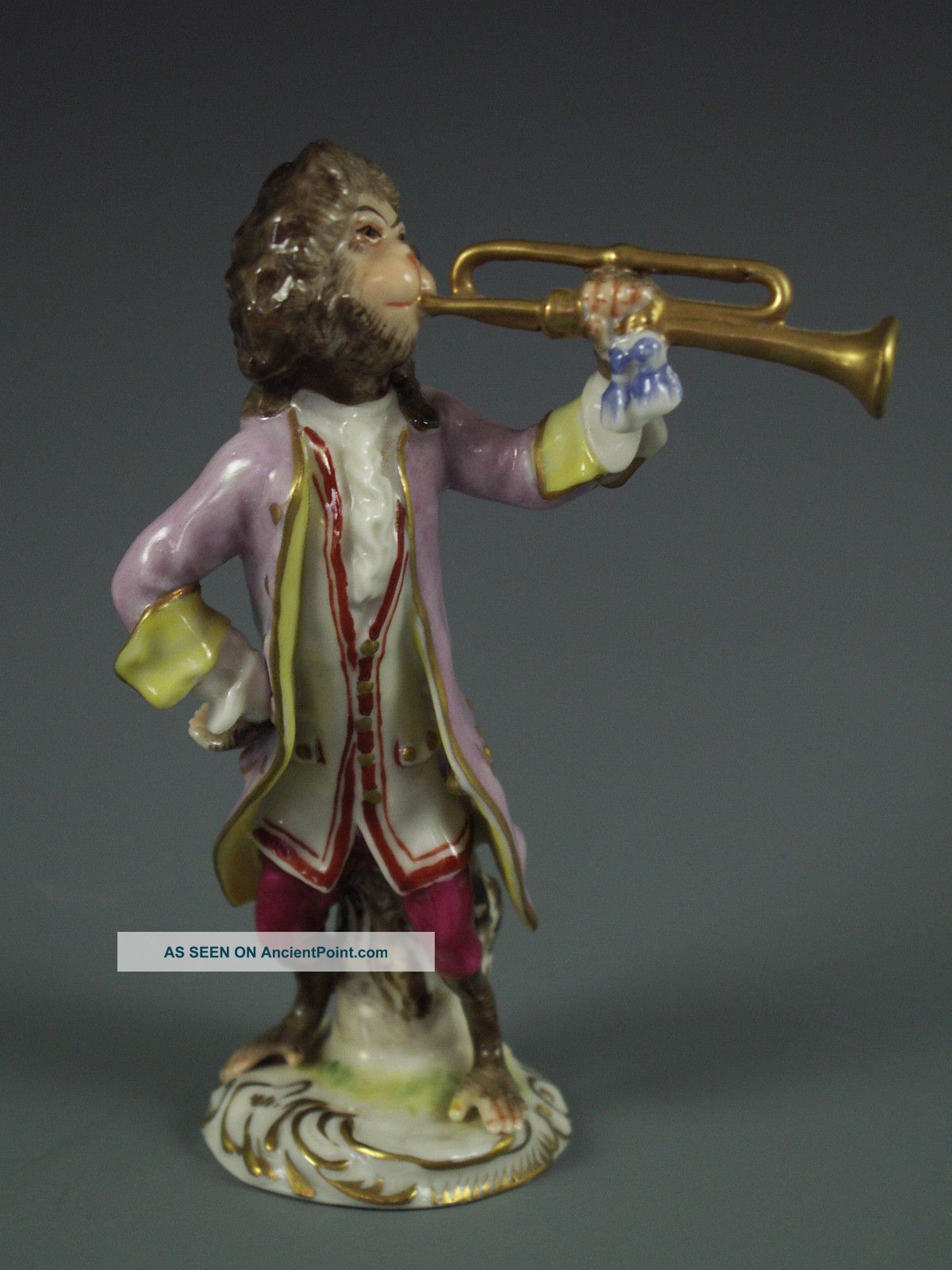 Antique Volkstedt German Porcelain Monkey Band Trumpet Player Dresden Figurine Figurines photo