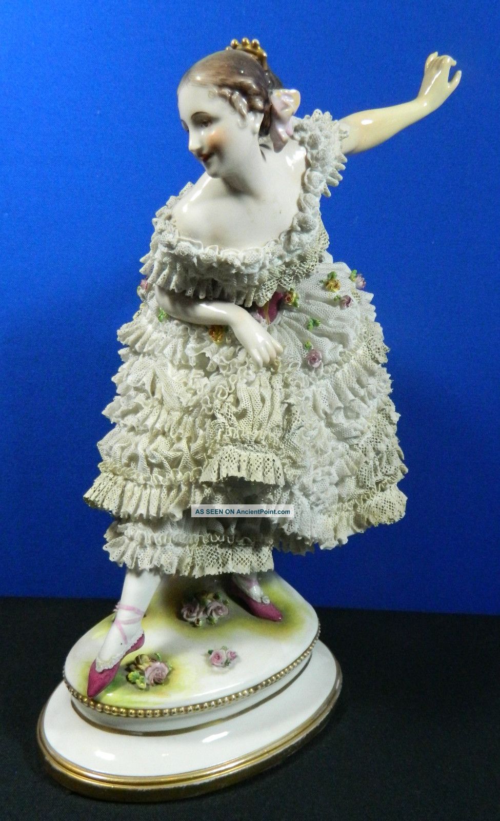 Antique Dresden Hand Painted Porcelain And Lace Figurine Ballerina Figurines photo