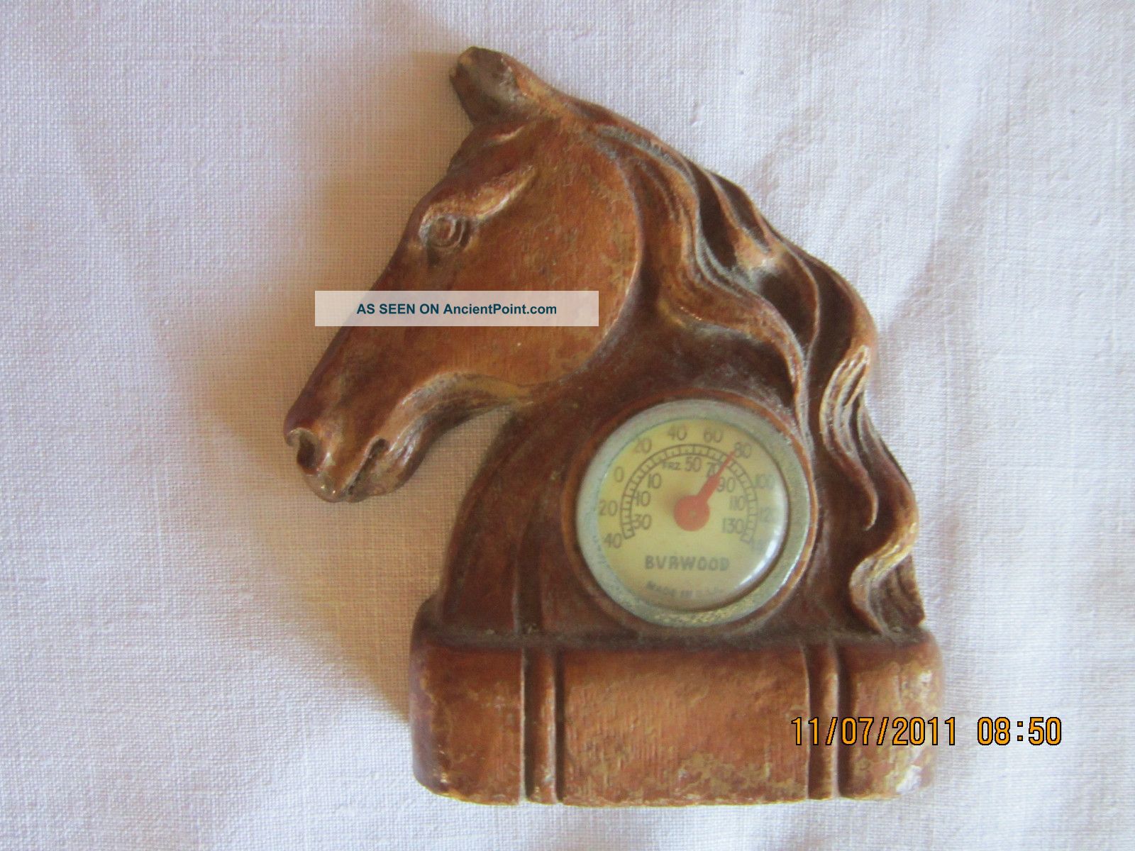Antique Carved Wood Horse Head Thermometer Burwood Made In Usa Carved Figures photo