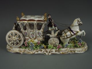 Antique Fabris Italian Porcelain Carriage Coach Horses Lady Dresden Figurine photo