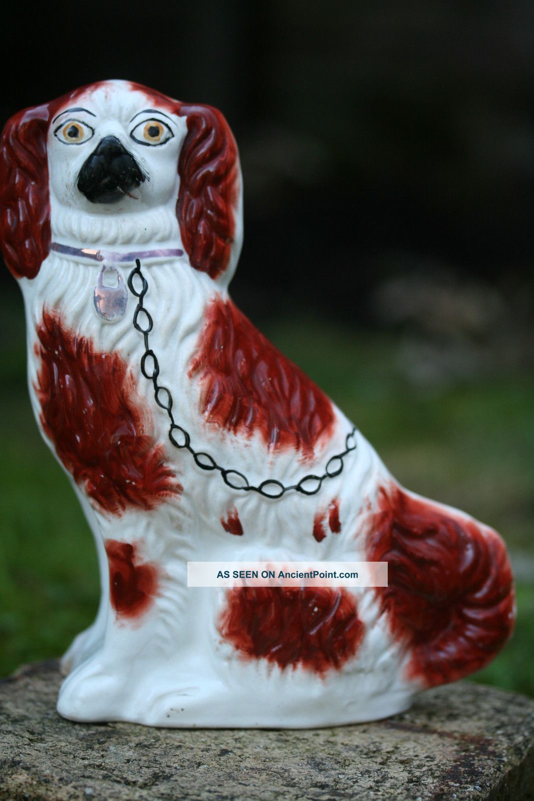 Interesting 19th C.  Staffordshire Seated Brown & White Hearth Dog With Lustre Figurines photo