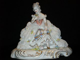 Antique Capodimonte Porcelain Dresden Lace Seated Victorian Lady Figurine Italy photo