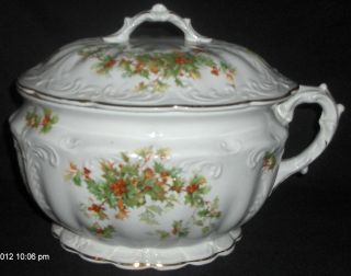 Antique E P P Co Marquette Holly Berry Raised Porcelain Chamber Pot With Lid photo