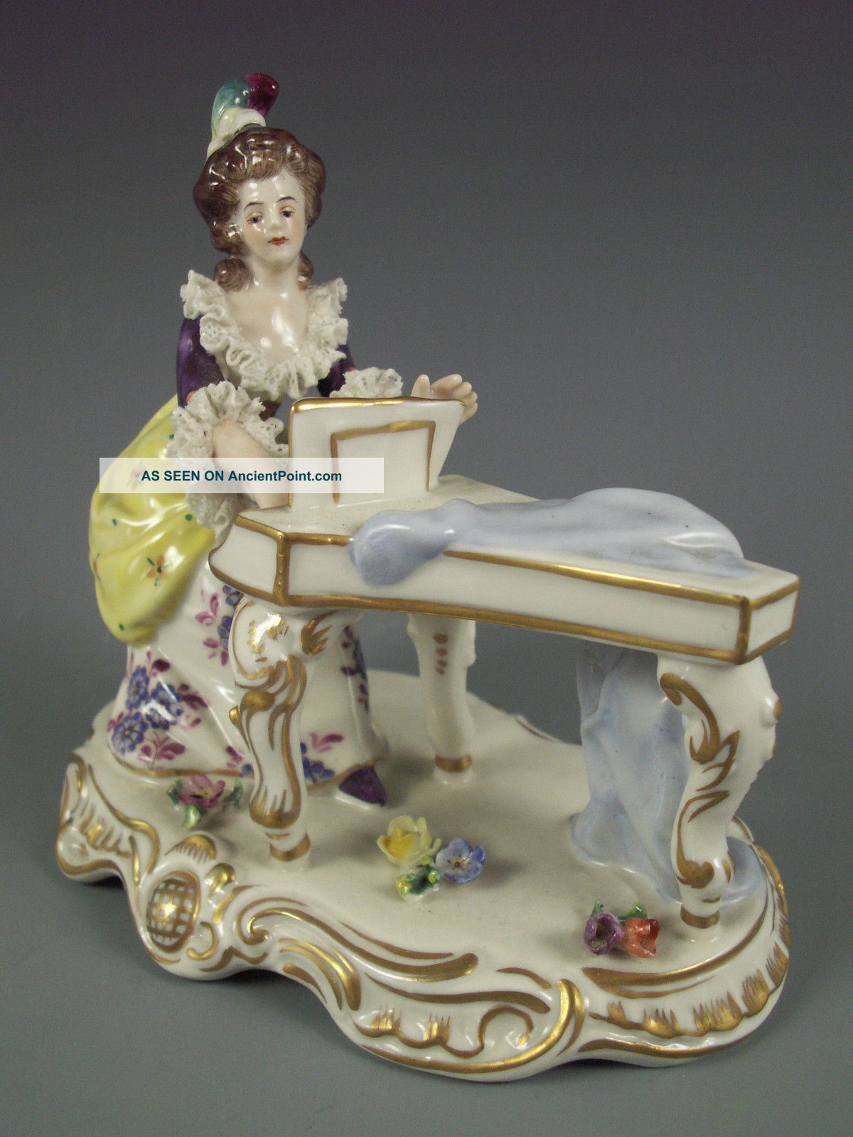 Antique German Volkstedt Dresden Lace & Porcelain Lady At Piano Figurine Figurines photo