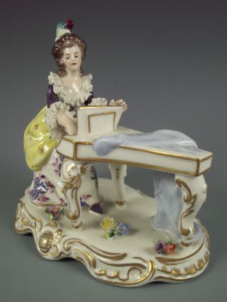 Antique German Volkstedt Dresden Lace & Porcelain Lady At Piano Figurine photo