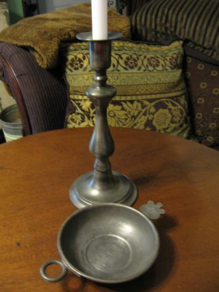 Set Of 2 : Old Look Reproduction Pewter Candlestick And Porringer With Hallmark photo