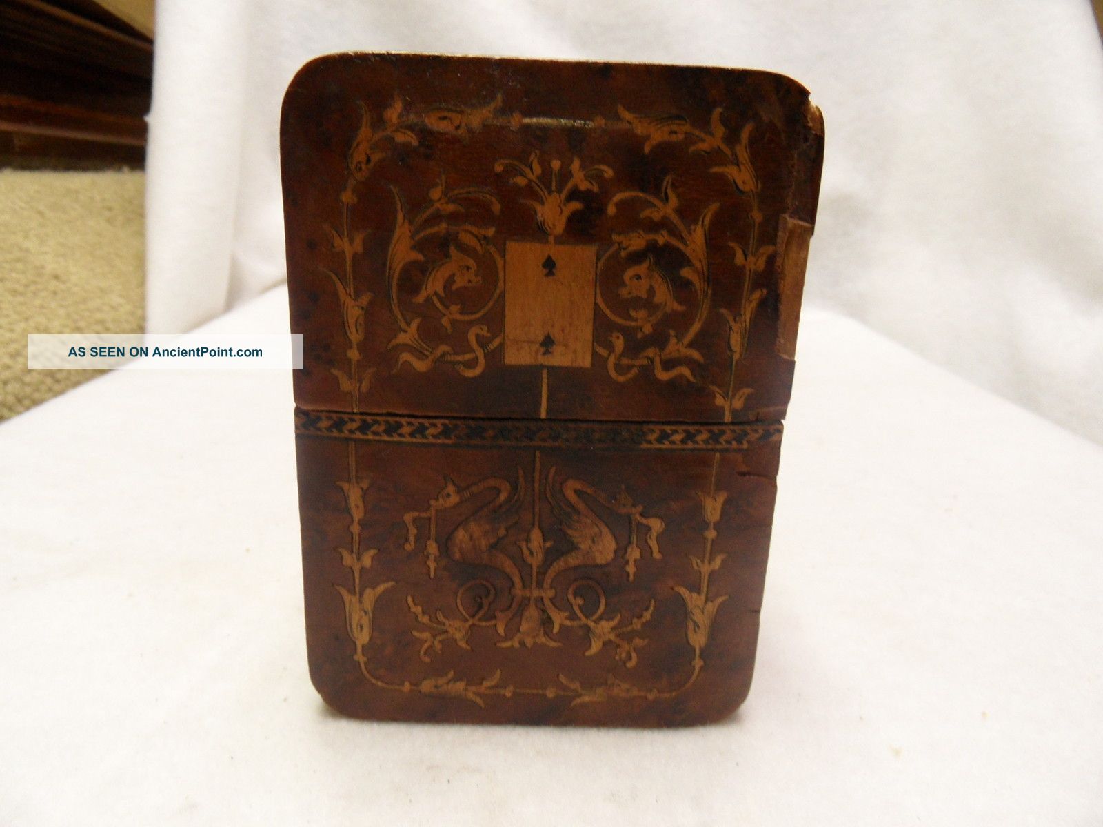 Rare Antique Victorian Walnut Burl Marquetry Playing Card Box Mid 19th Century Boxes photo