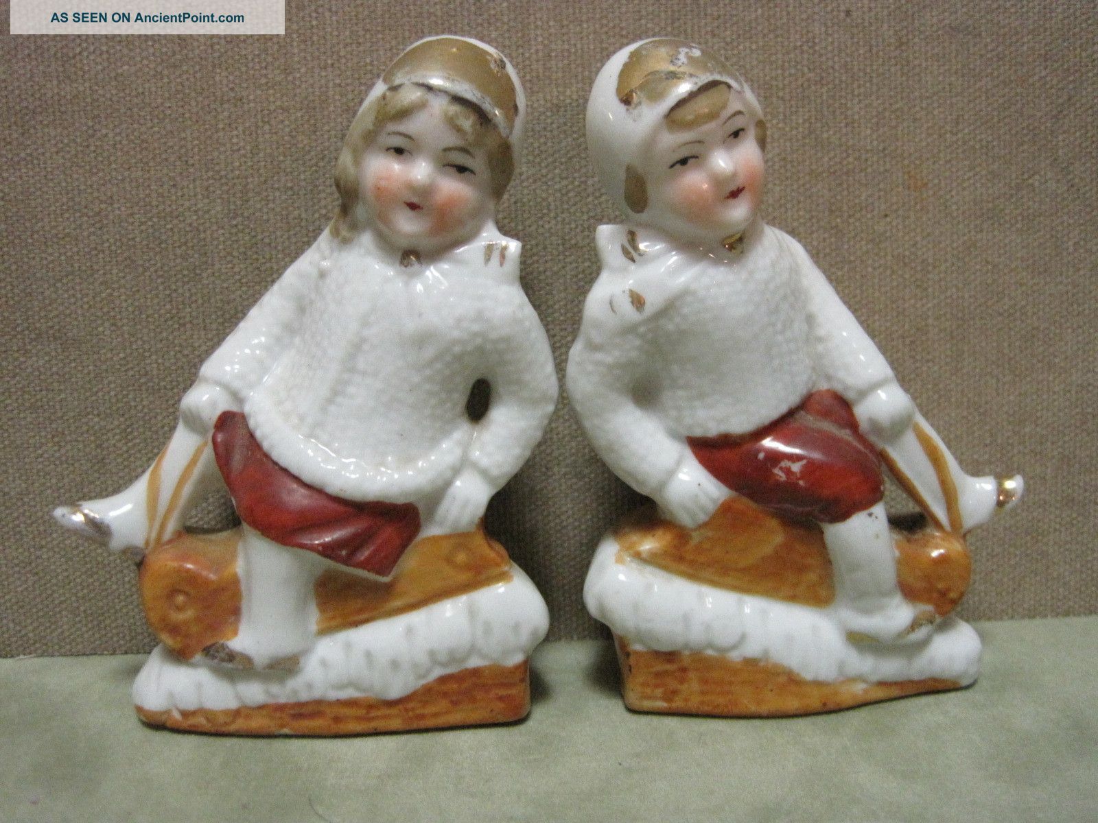 Antique German Porcelain Children On Sleds Vintage Boy & Girl Figures Figurines photo
