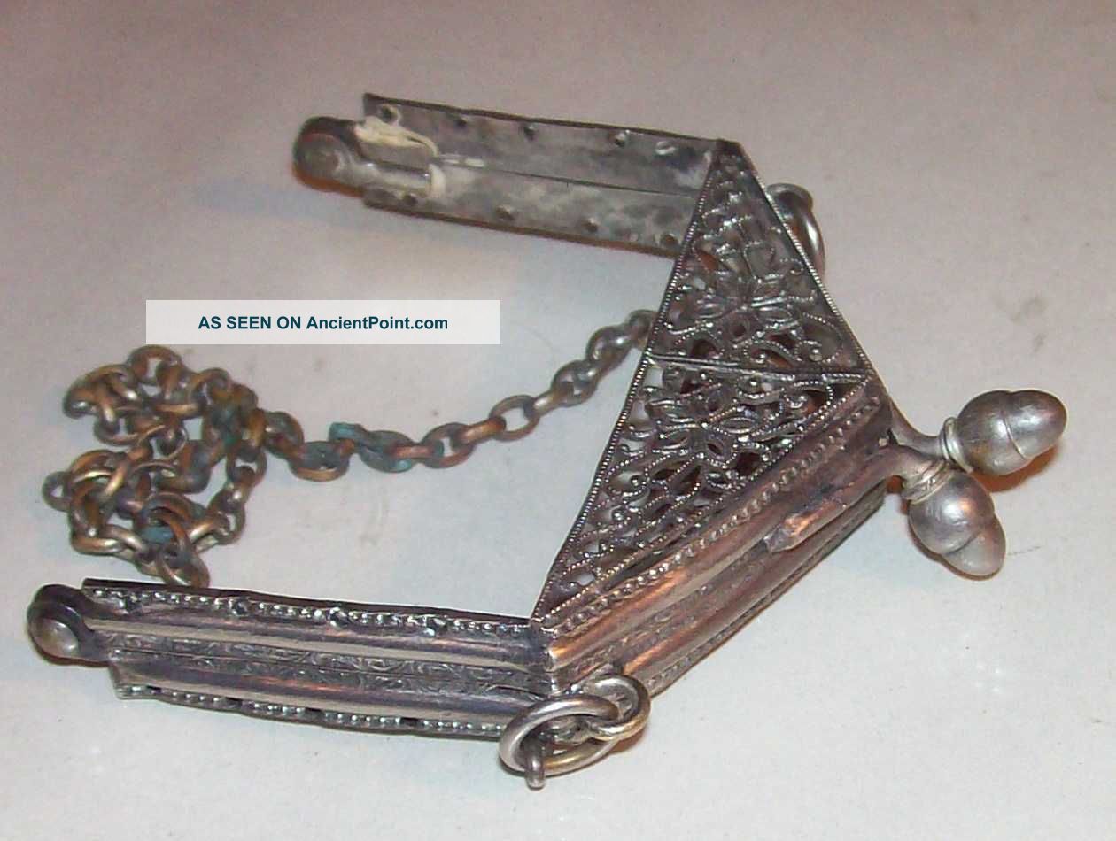 Antique Victorian Metal Mesh Purse Clasp Frame Chain Handle Art Nouveau Change Metalware photo