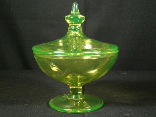 Antique Vaseline Art Glass,  Pedestal Covered Dish 6 1/2 