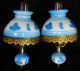Pair Gone With The Wind Sconce Blue Floral Glass Lamp Wall Vtg Antique Hurricane Lamps photo 2