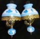 Pair Gone With The Wind Sconce Blue Floral Glass Lamp Wall Vtg Antique Hurricane Lamps photo 3