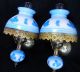 Pair Gone With The Wind Sconce Blue Floral Glass Lamp Wall Vtg Antique Hurricane Lamps photo 4