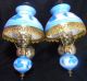 Pair Gone With The Wind Sconce Blue Floral Glass Lamp Wall Vtg Antique Hurricane Lamps photo 5