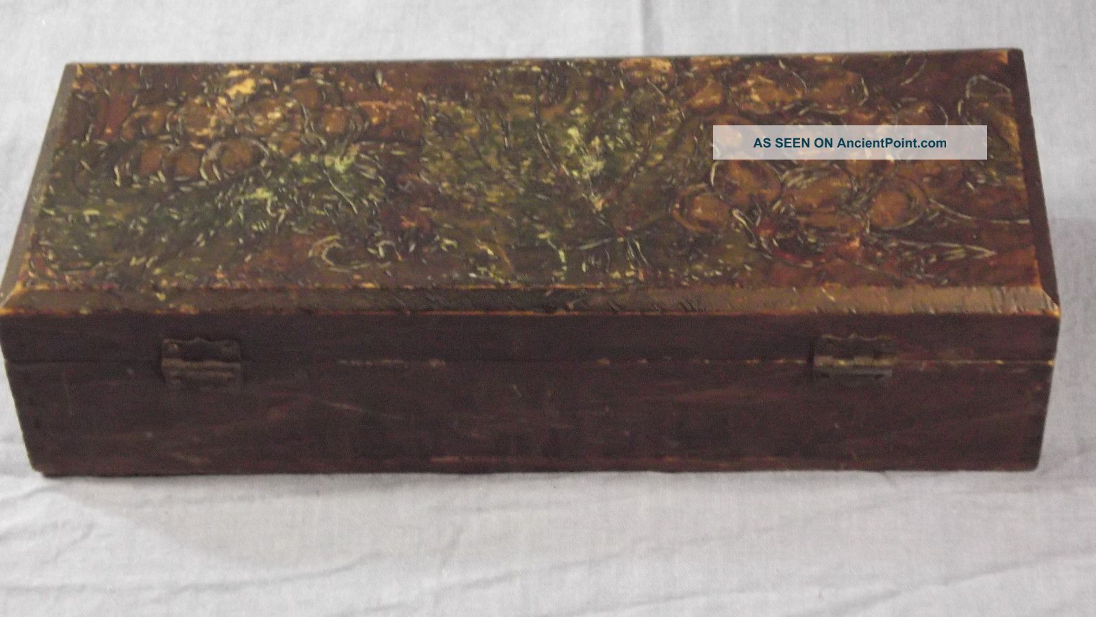 Antique Wooden Pyrograph Box With Hinged Lid Hand Carved,  Burnt & Painted Boxes photo