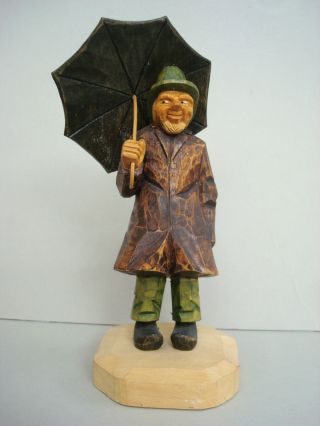 Vtg Carved Wood Man W Umbrella Germany Barvarian German Wooden Figurine photo