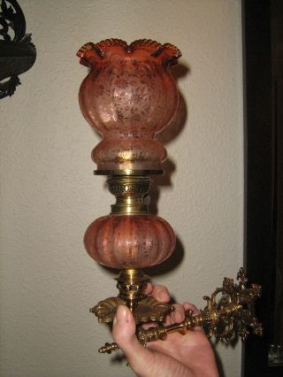 Rare Antique Baccarat Tiente Rose Etched Sconce Oil Lamps Miniature Pair photo