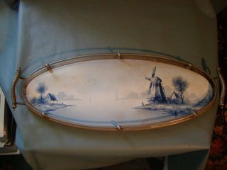 Antique Delft Blue & White Ceramic Metal Tea Vanity Tray Large Windmill Pottery photo