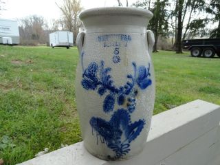 Antique Stoneware Blue Decorated 5 Gallon Cortland Churn Ny photo
