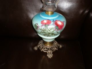 Antique Oil Lamp With Thistle Hand Painted Decoration With Chimney photo