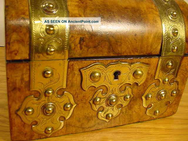 Antique English Burl Walnut Tea Caddy - Chased Brass Bound C.  1880 Boxes photo