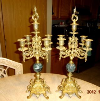 Vintage Retro Pair Italian Cast Brass Green Marble 5 Pot Candelabras photo