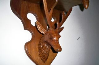 Antique Black Forest Walnut Wood Stag Deerhead Hanging Shelf photo