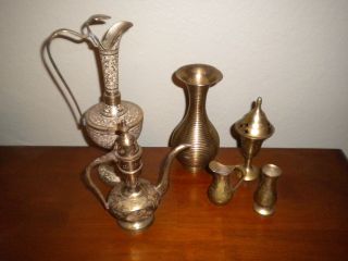 2 Vintage Pitchers Etched Design Made In India & Other Brass Items Vase Etc photo