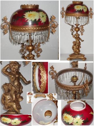 Antique Parlor Cherub Figural Banquet Lamp Prisms Painted Dome Lg 35” Victorian photo