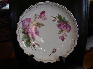 K Crescent China Cake Plate Or Serving Plate 10 1/4 In Pink Roses Gold Trim photo