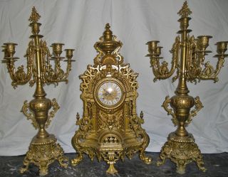 Magnificent 3 Pc Bronze/brass Baroque French Mantle Clock & Candelabras photo