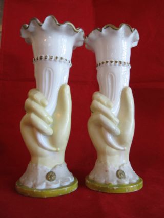 Pair Of Victorian Glass Hand Holding Vases Ring Antique Green Bristol Heavy photo