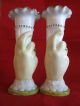 Pair Of Victorian Glass Hand Holding Vases Ring Antique Green Bristol Heavy Victorian photo 3
