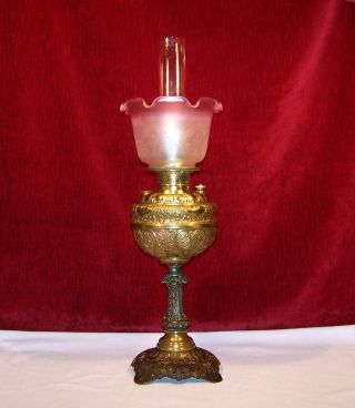 Antique E Miller Oil Lamp Etch Cranberry Shade Macbeth Chimney P&a Base Column photo