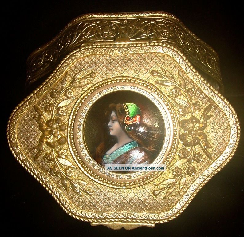 Antique Signed Limoges Enamel Casket Box Gilt Bronze Interior Fabric Other photo