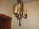 Vintage Art Deco Ornate Three Light Hanging Chandelier Slag Glass Center Lamps photo 4
