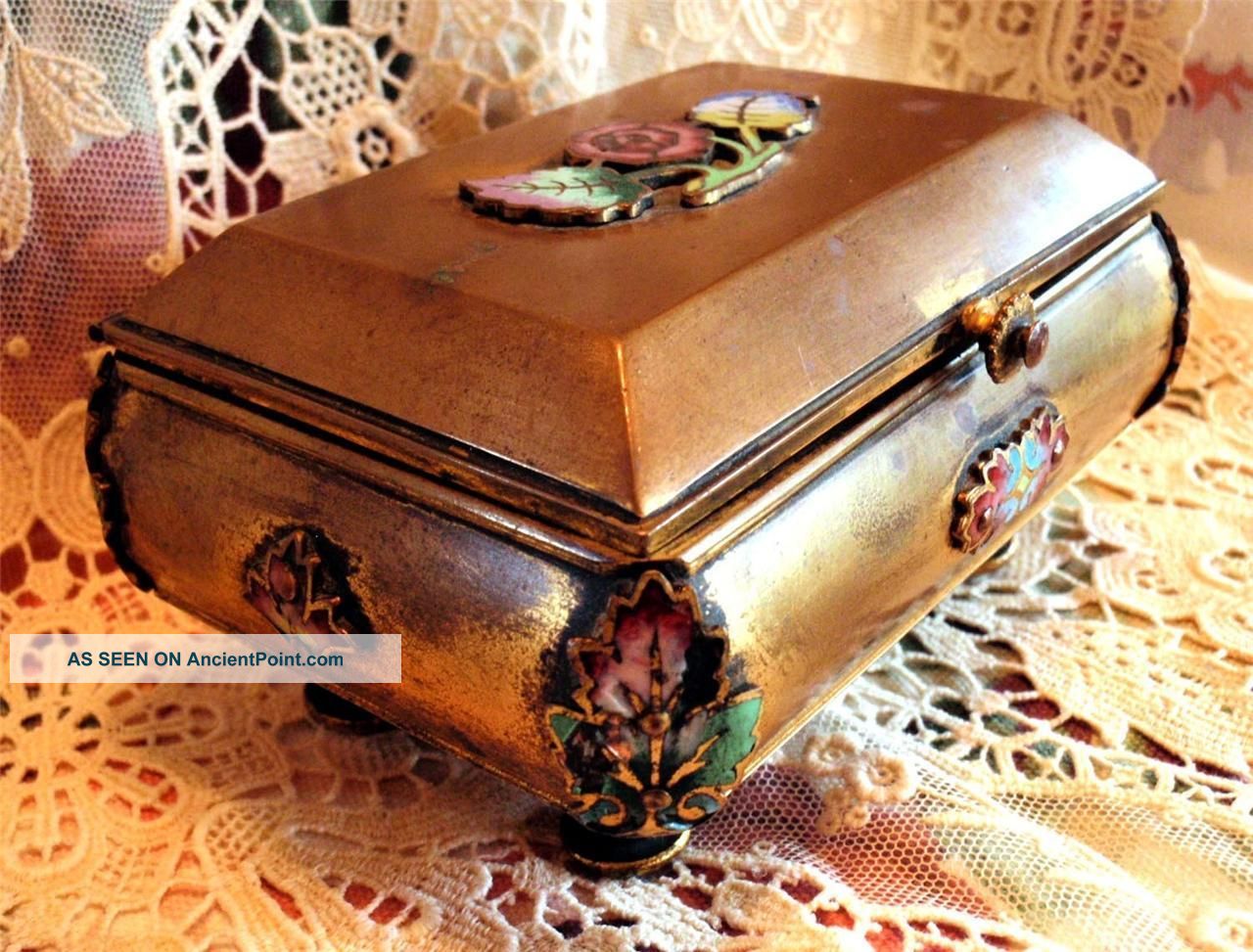 Small French Brass Box Enameled Applied Decorations,  Hinged Lid,  Footed Metalware photo
