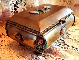 Small French Brass Box Enameled Applied Decorations,  Hinged Lid,  Footed photo