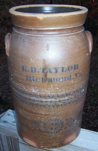 E.  B.  Taylor Antique Stoneware Ornate 3 Gallon Cobalt Crock Churn - Richmond,  Va photo