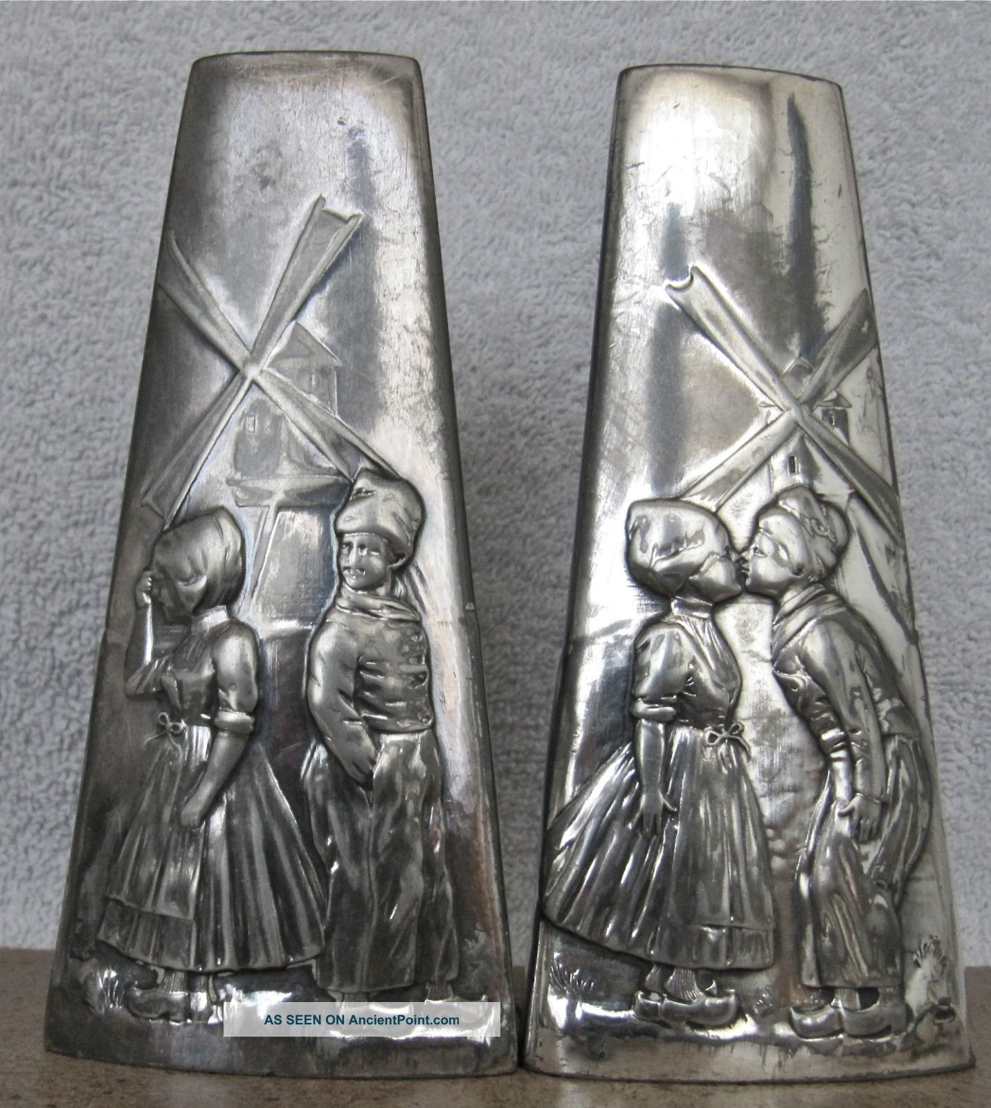 2 Wmf Matching Vases Dutch Scene Fishing Boats Windmill Fully Marked Metalware photo