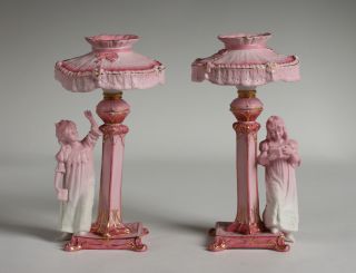 Antique Art Nouveau - Secessionist Figural Porcelain Candlesticks/ European C.  1900 photo